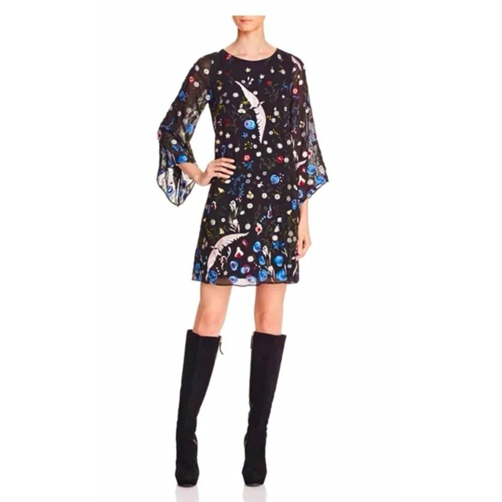 alice + olivia Whimsical Fairy Dress Size 8 Black Floral Bird Embroidered